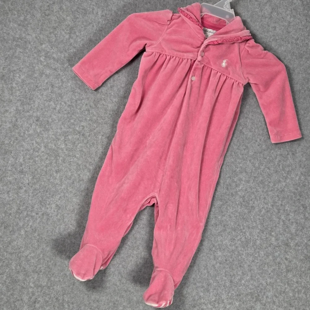 Ralph Lauren Baby Girls 6M‎ One Piece Footed Velour Velvet Coverall Pink Vintage